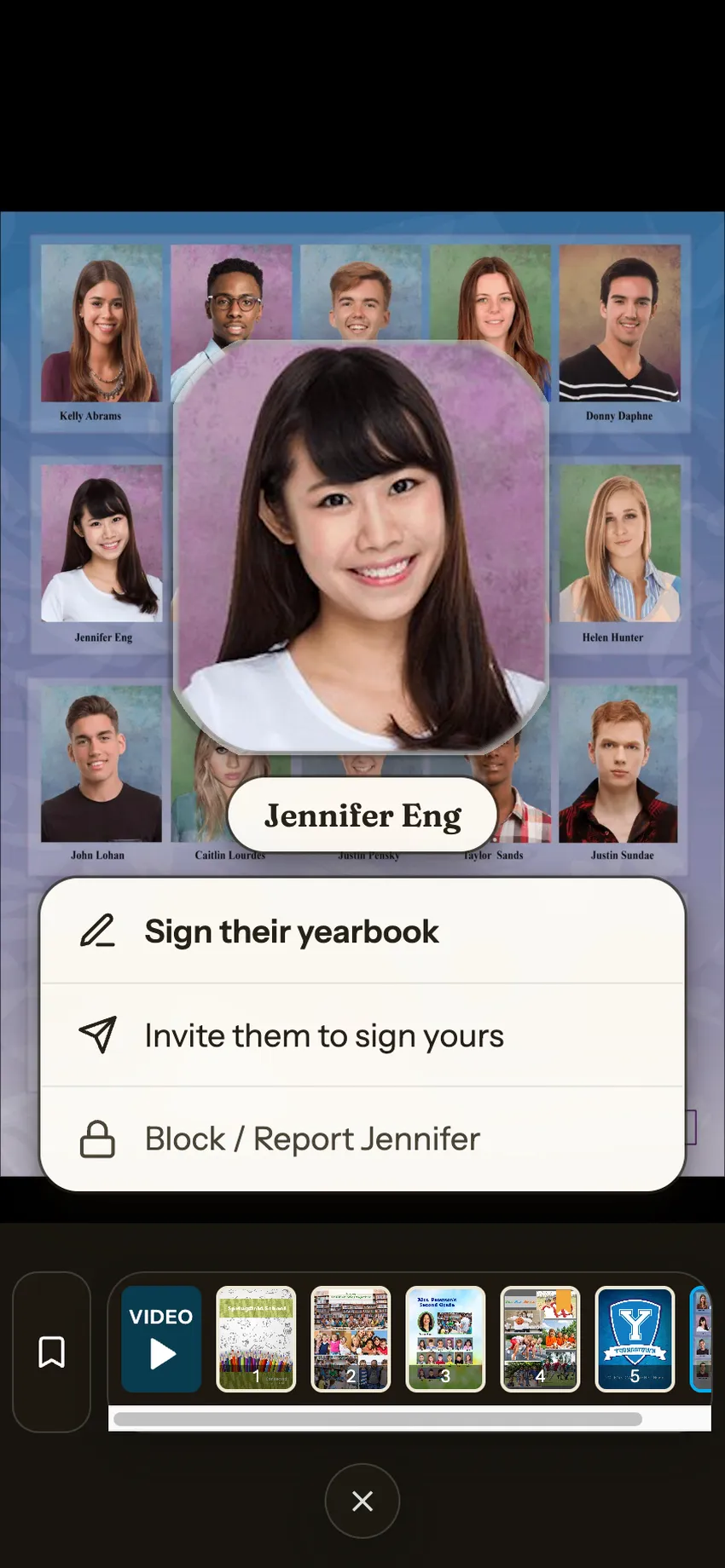 A high school yearbook in the FC Yearbook app: tapping Jennifer Eng’s portrait to sign her yearbook
