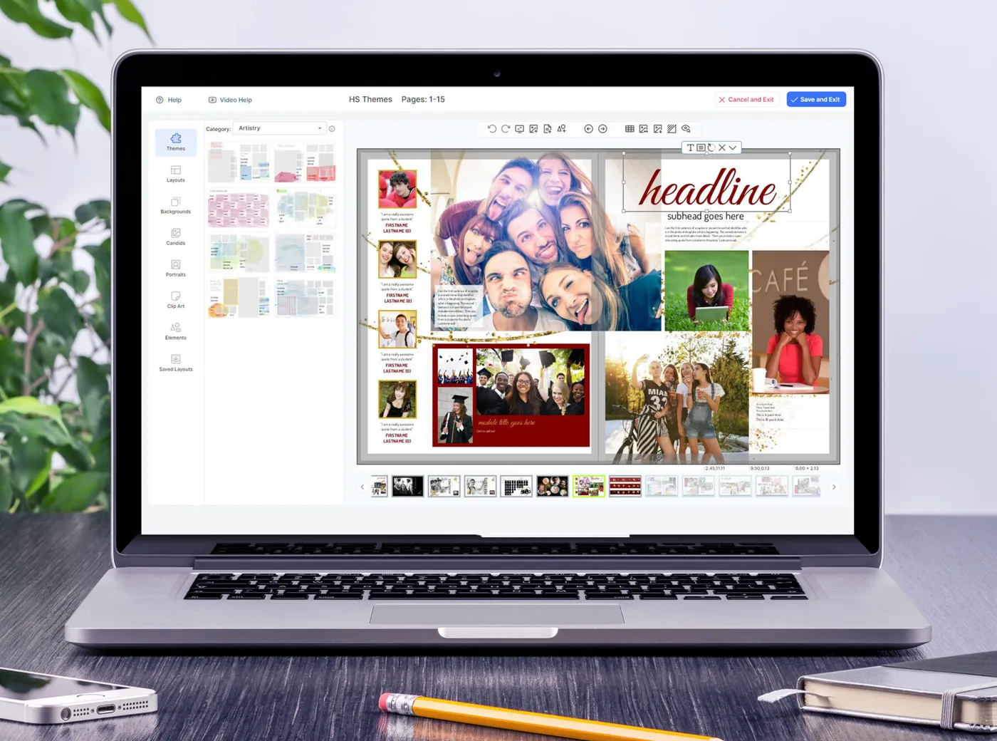 Pixami Yearbook Pro open on a laptop, editing a high school yearbook spread